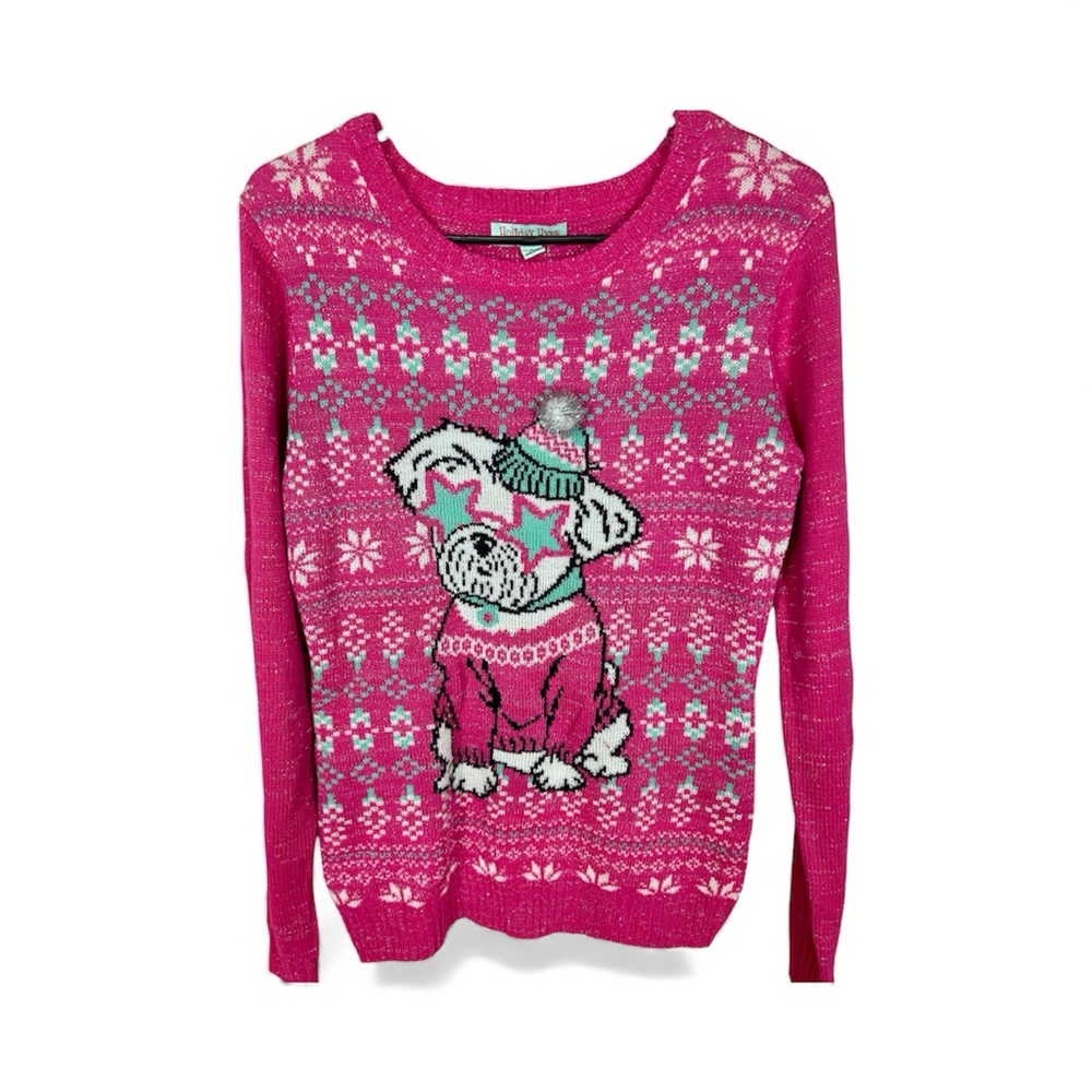 Juniors Christmas Sweater. Pink with Puppy. Size small